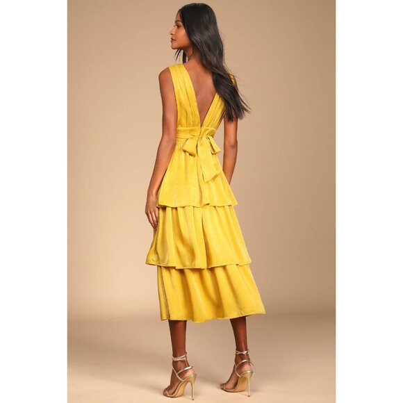 Lulus Peak Party Vibe Mustard Yellow Satin Tiered Tie-back Midi Dress - Size L - Picture 5 of 10